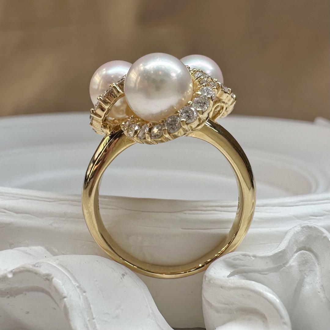 【K18】真珠パール 7.4mm 3粒ダイヤモンド リング