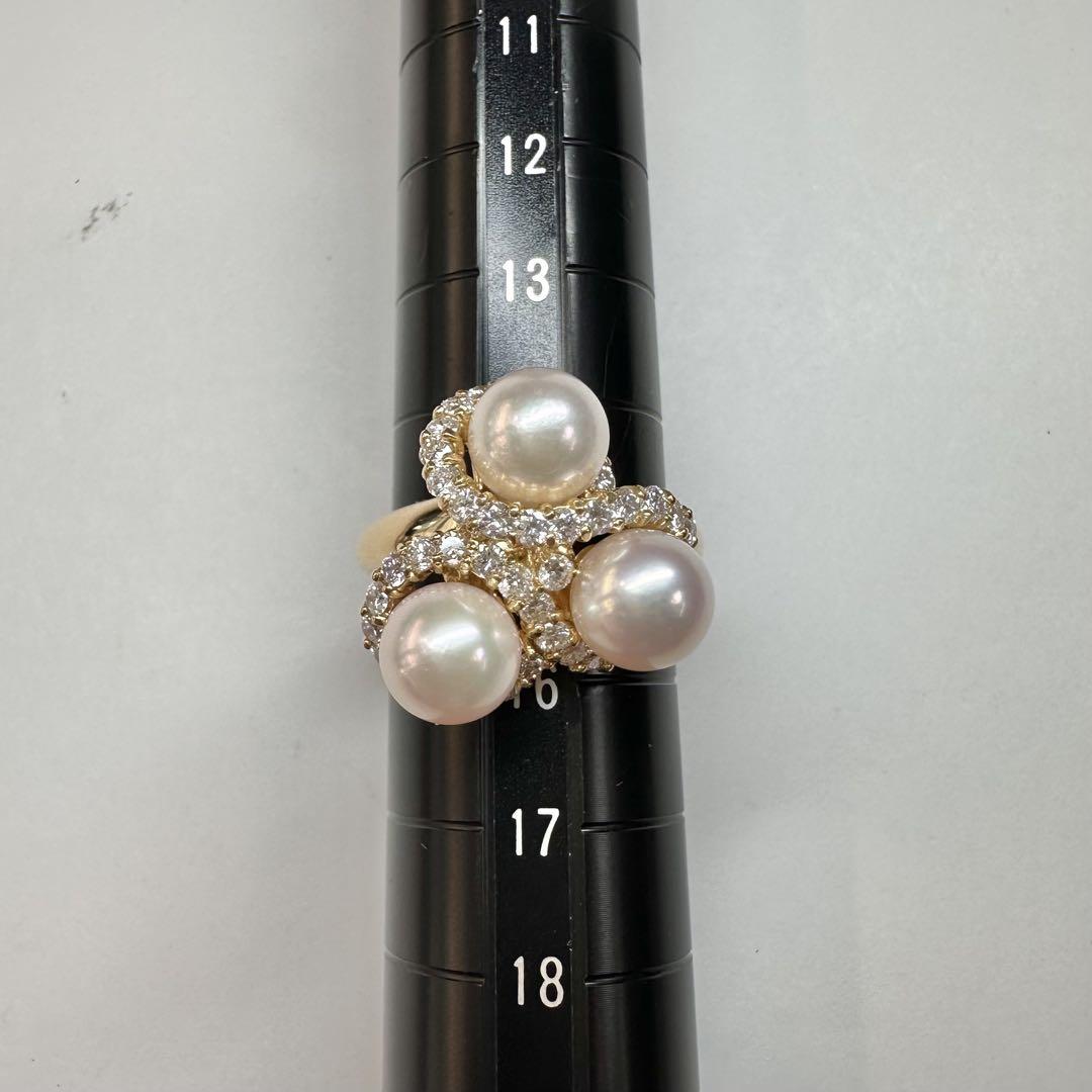 【K18】真珠パール 7.4mm 3粒ダイヤモンド リング