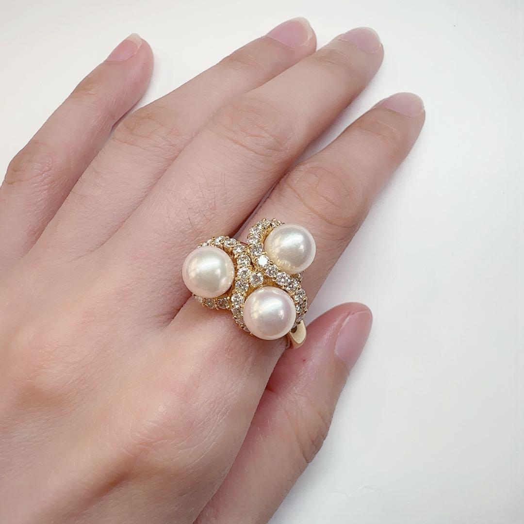 【K18】真珠パール 7.4mm 3粒ダイヤモンド リング