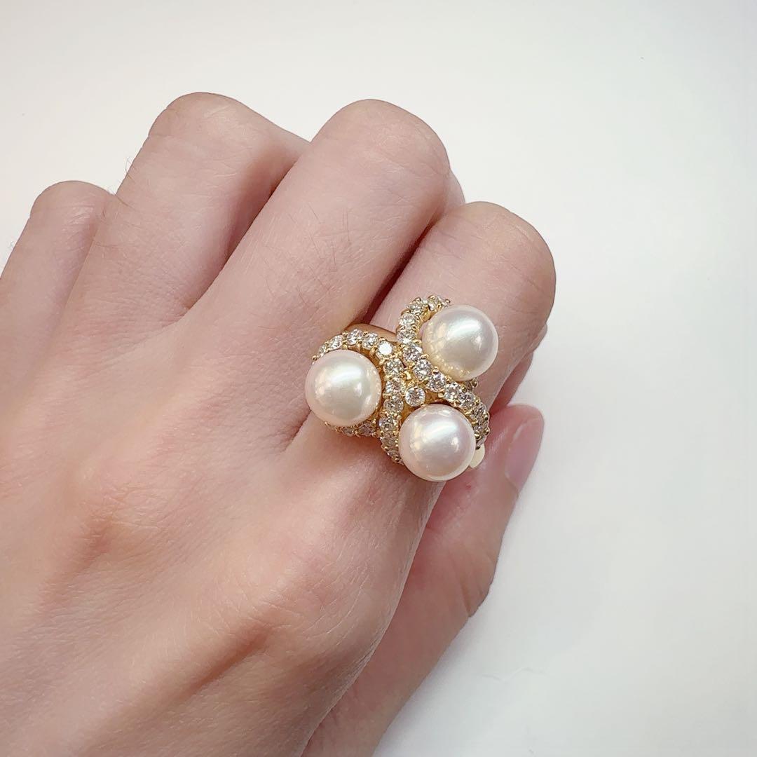 【K18】真珠パール 7.4mm 3粒ダイヤモンド リング