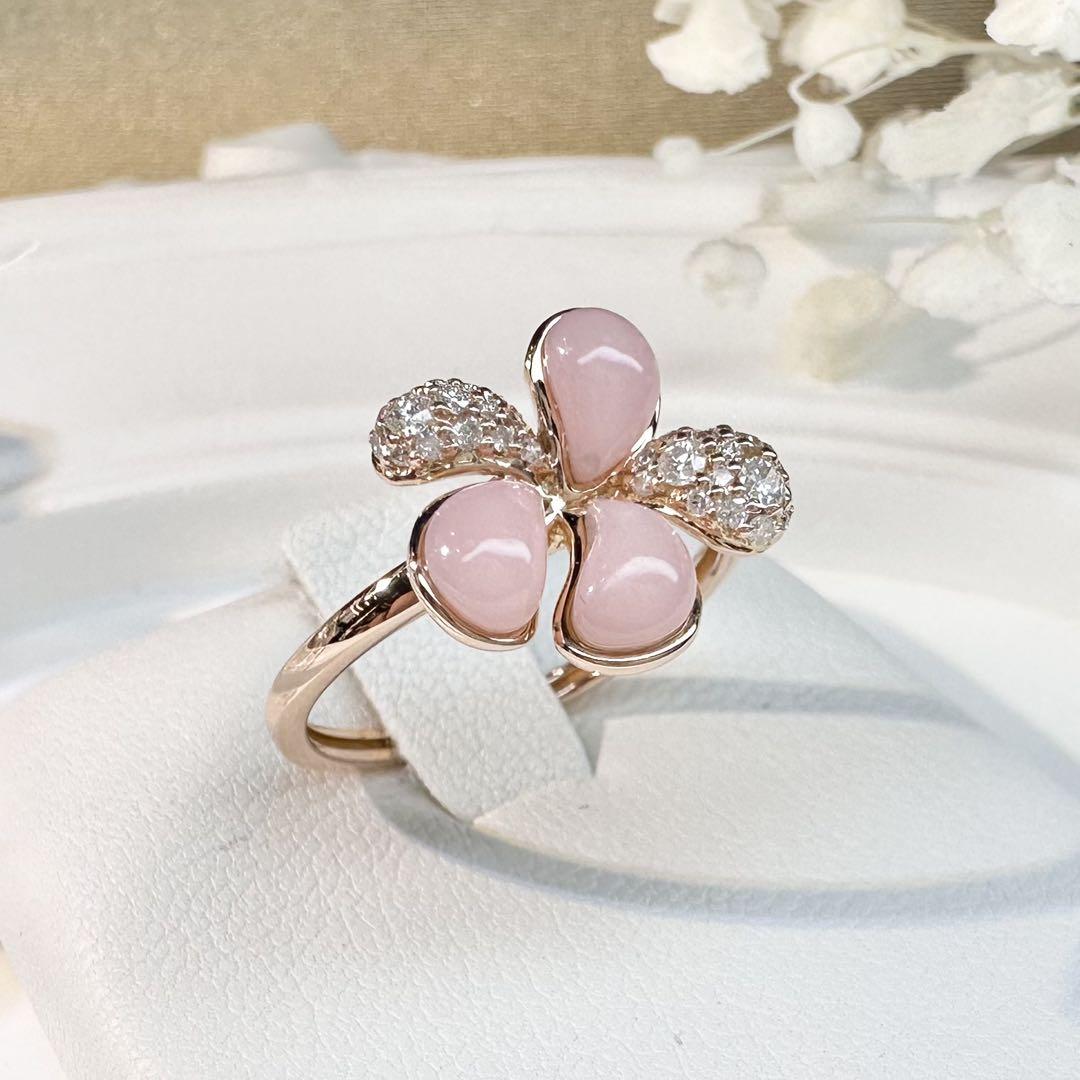 【K18】ピンクオパール ダイヤモンド フラワーデザイン リング