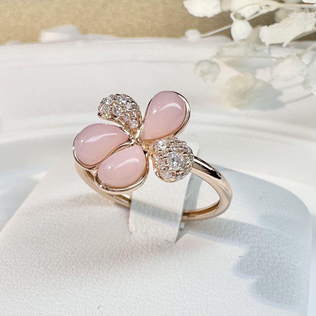 【K18】ピンクオパール ダイヤモンド フラワーデザイン リング