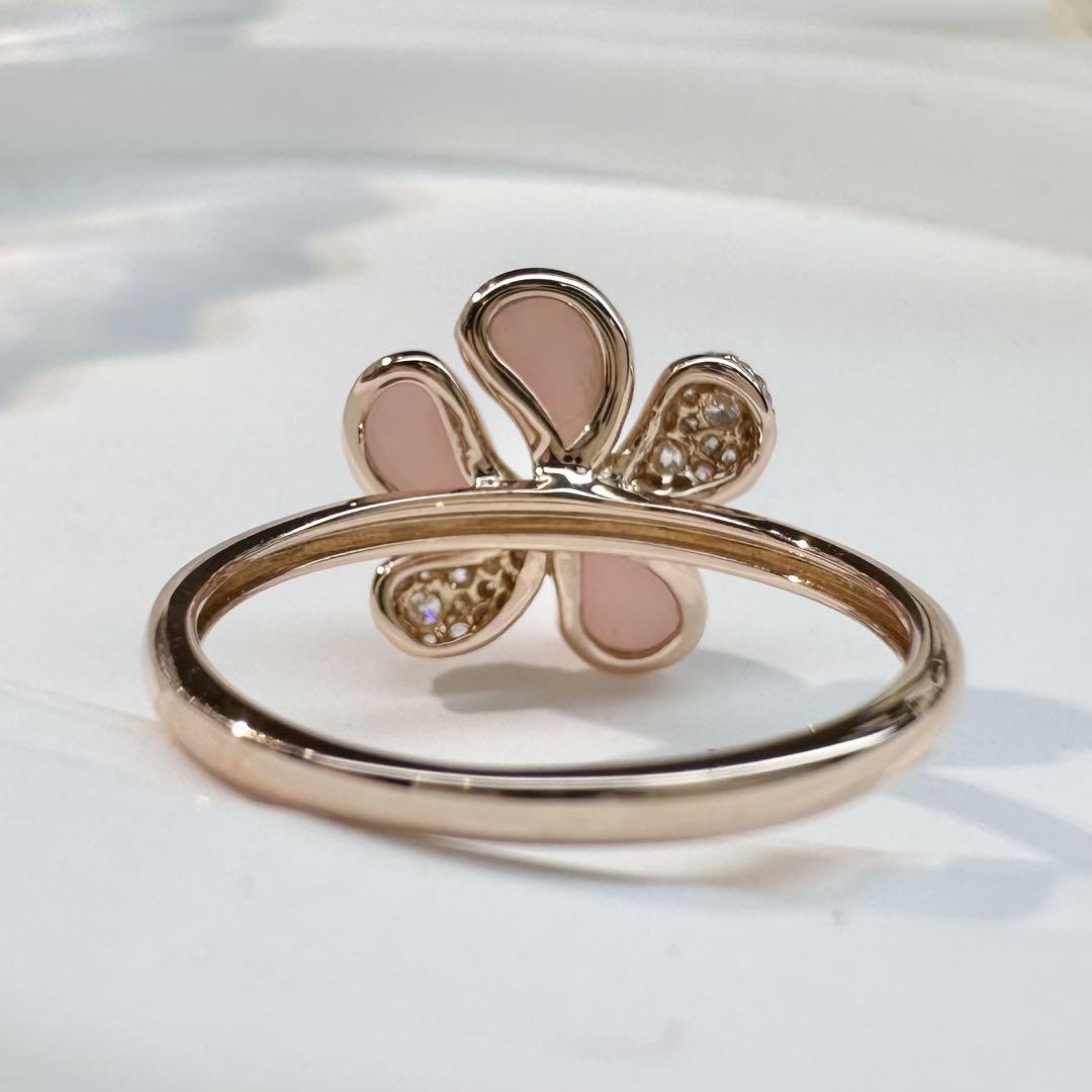 【K18】ピンクオパール ダイヤモンド フラワーデザイン リング
