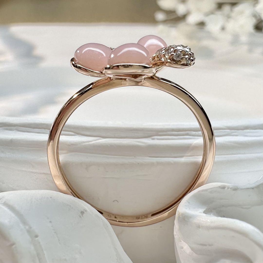 【K18】ピンクオパール ダイヤモンド フラワーデザイン リング