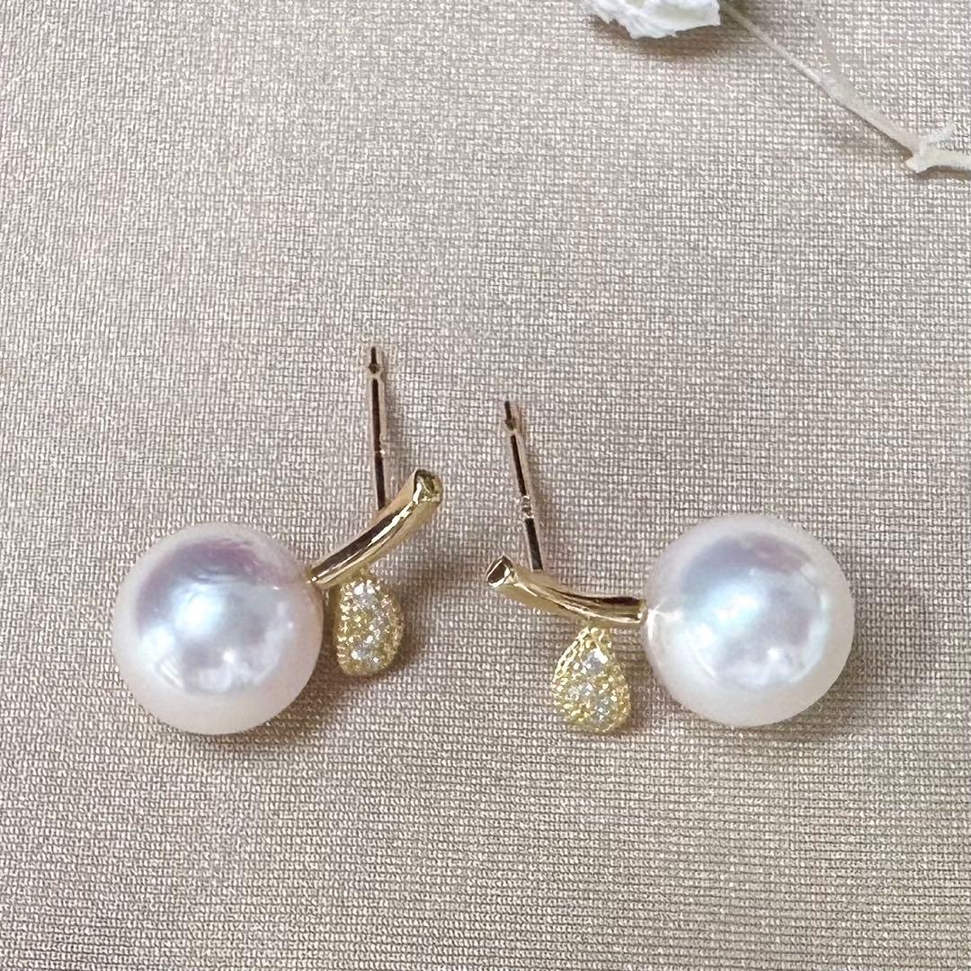 K18 アコヤパール 8.0mm ダイヤモンド ピアス　アップルモチーフ