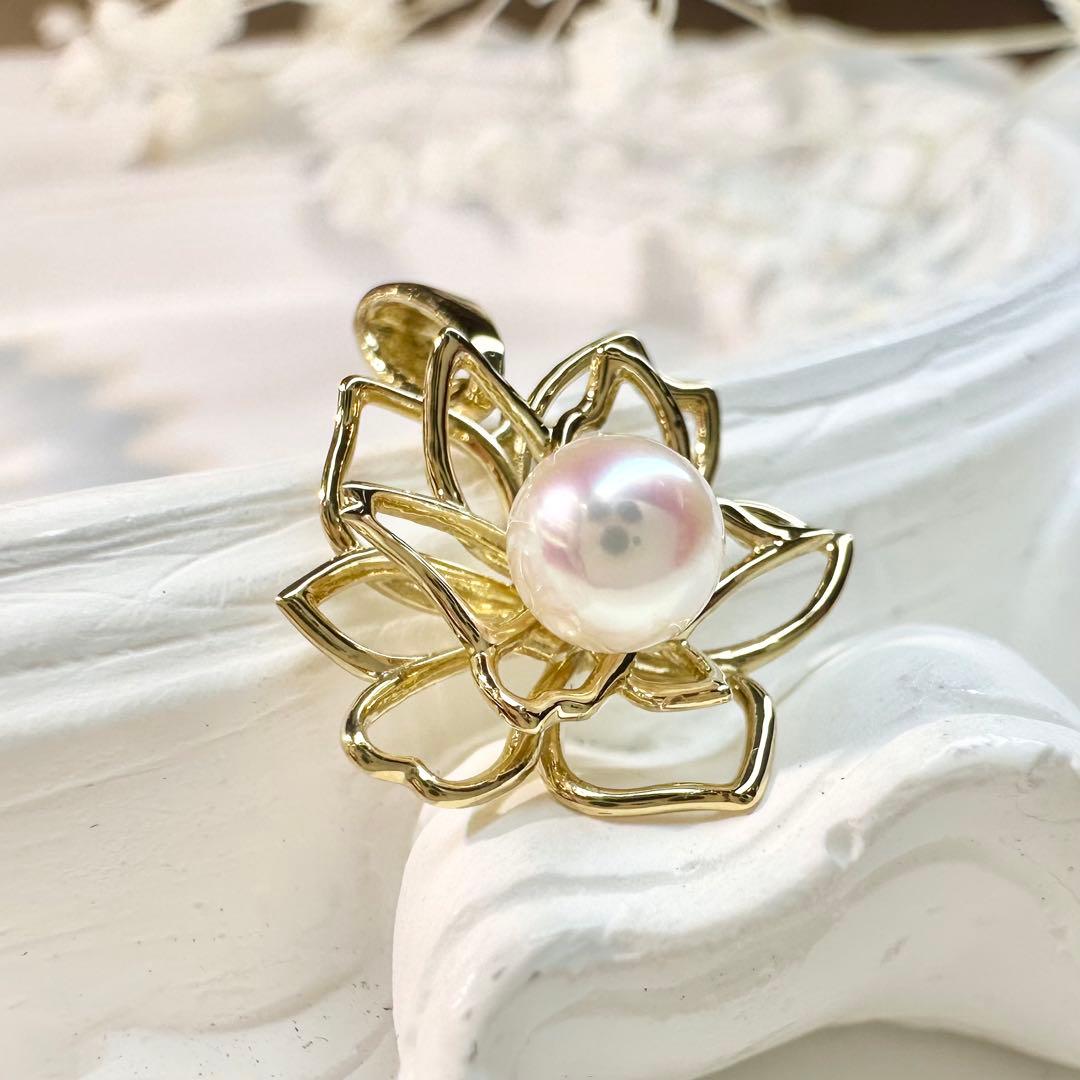 【K18】アコヤ真珠4.5-5.0mm ペンダント 蓮の花デザイン