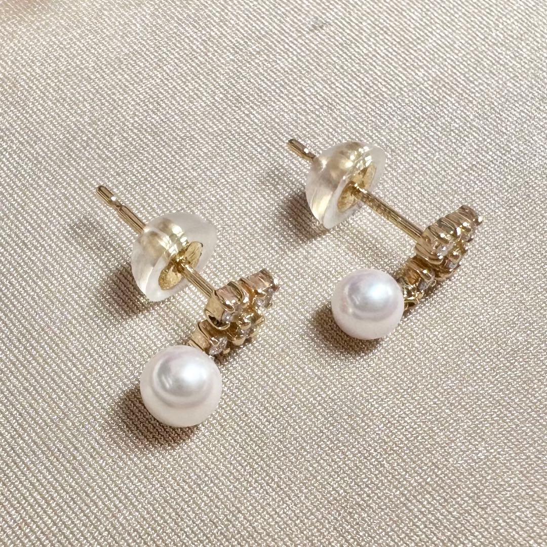 K18 アコヤ真珠3.8mm ダイヤモンド パールピアス レディースWISP