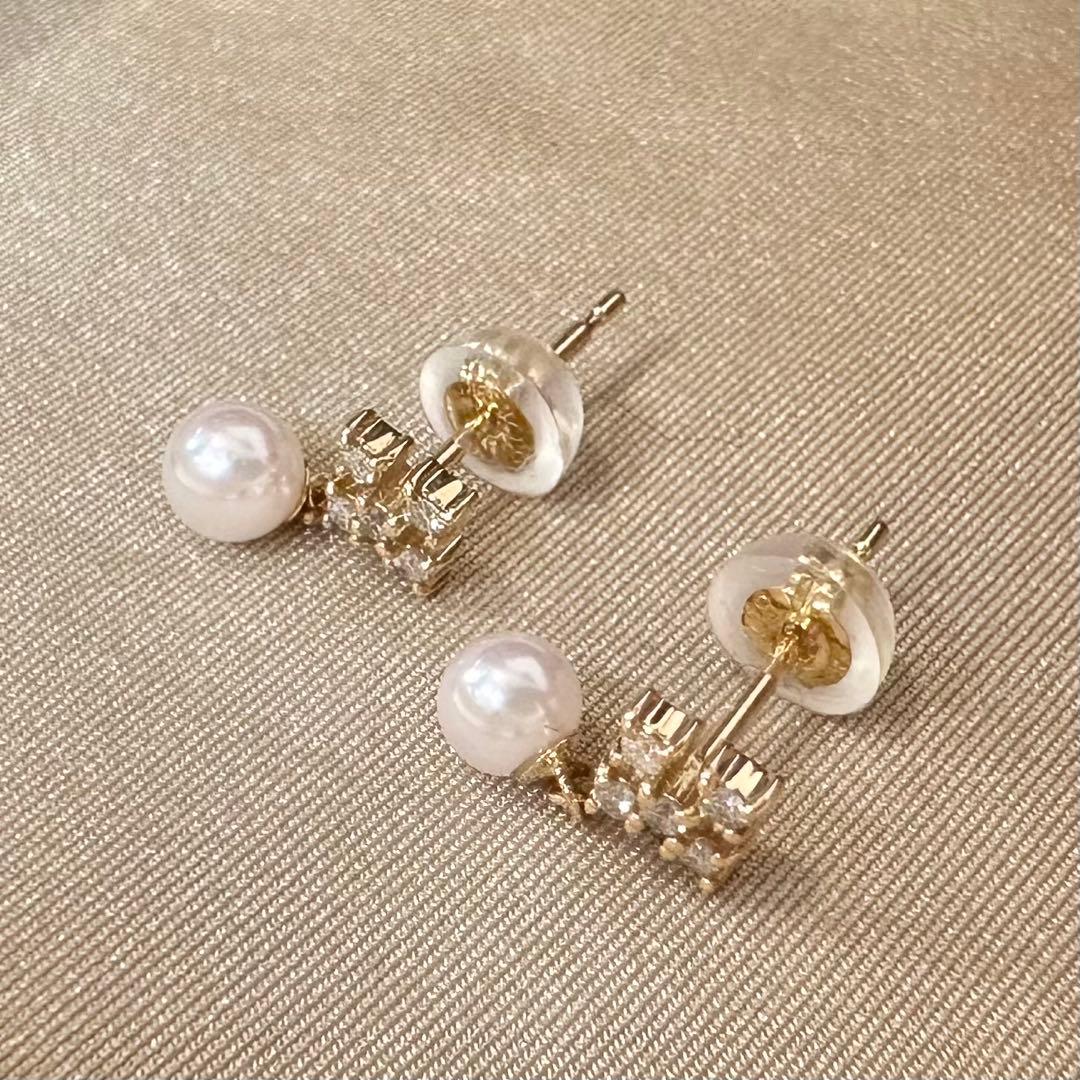 K18 アコヤ真珠3.8mm ダイヤモンド パールピアス レディースWISP