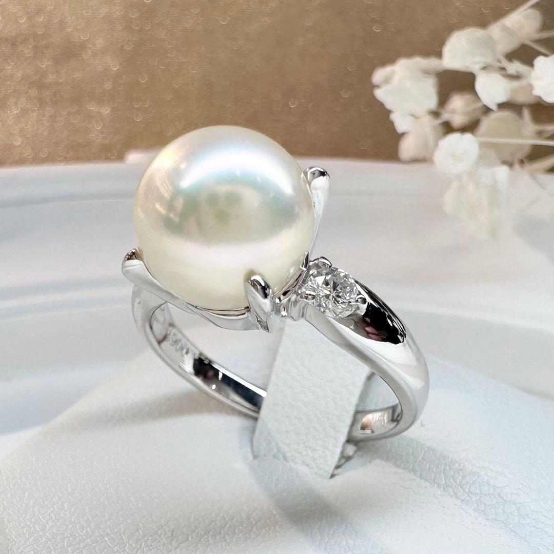 【美品】PT900 アコヤ真珠 9.3mm ダイヤモンド リング