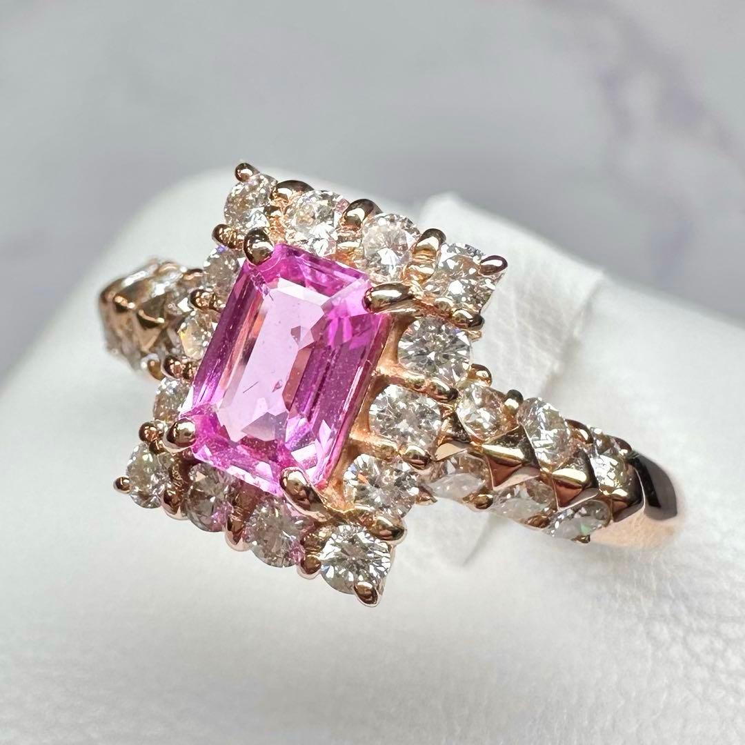 【K18PG】ピンクサファイア0.637ct エメカットダイヤ巻き リング