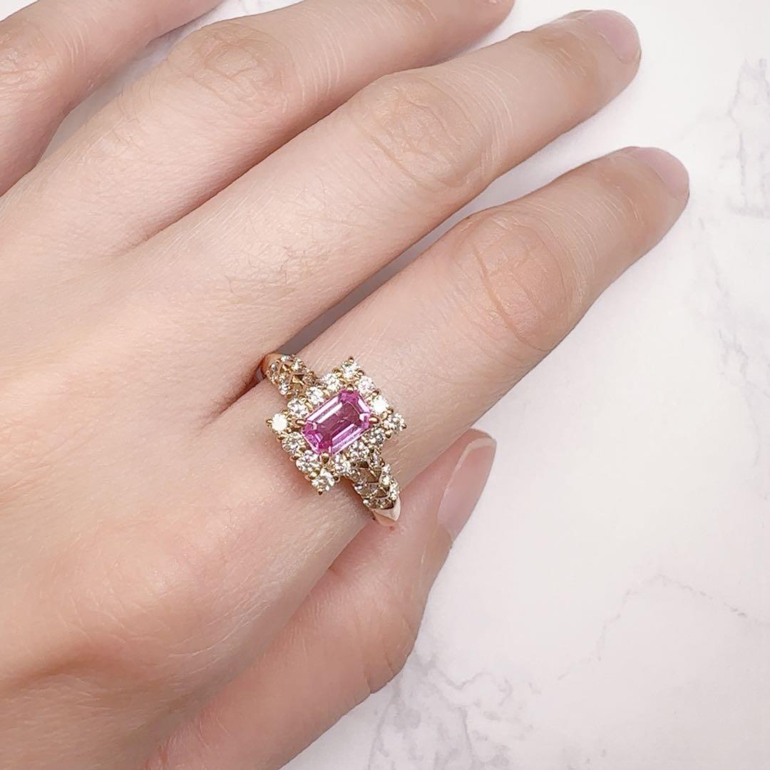 【K18PG】ピンクサファイア0.637ct エメカットダイヤ巻き リング