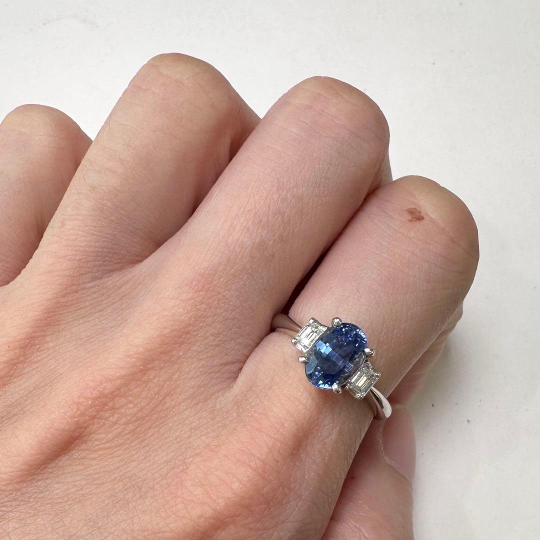 PT900 サファイア2.185ct バゲットダイヤモンド リング