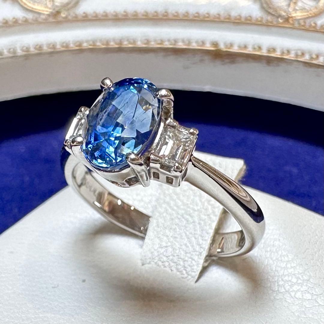 PT900 サファイア2.185ct バゲットダイヤモンド リング