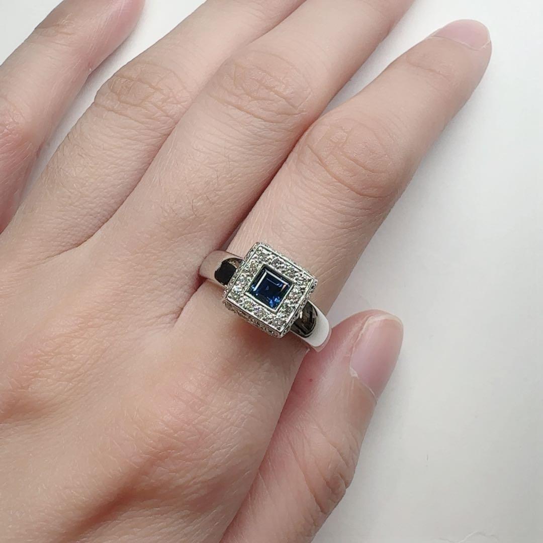 【K18】サファイア ダイヤモンドリング 0.44ct 四角カット 上品デザイン