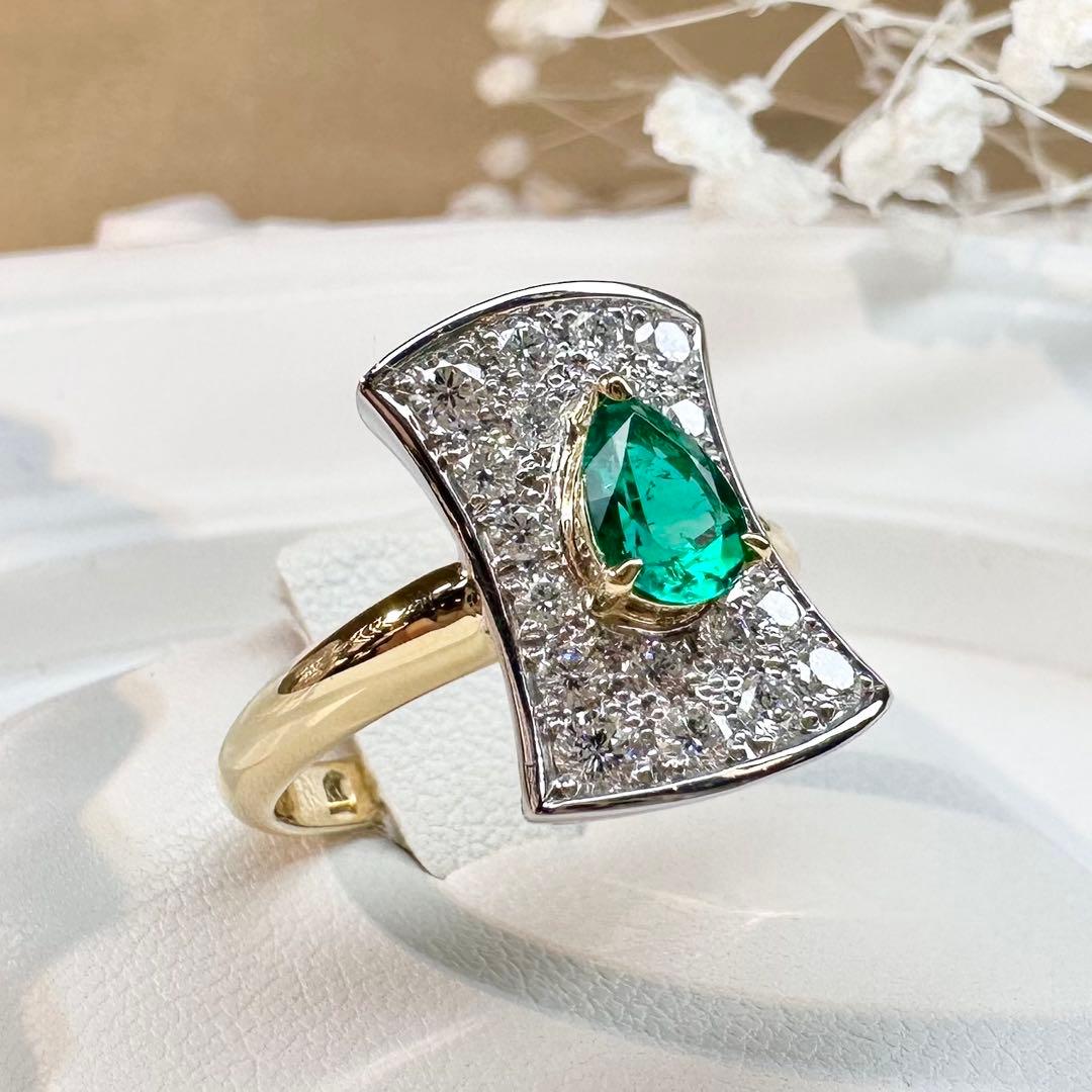 【美品】K18 PT900 エメラルド 0.49ct リング