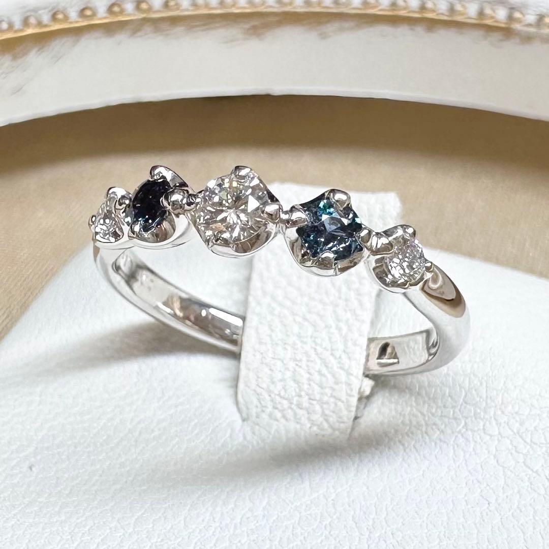 K18WG アレキサンドライト ダイヤモンド リング 0.18ct 希少石 変色