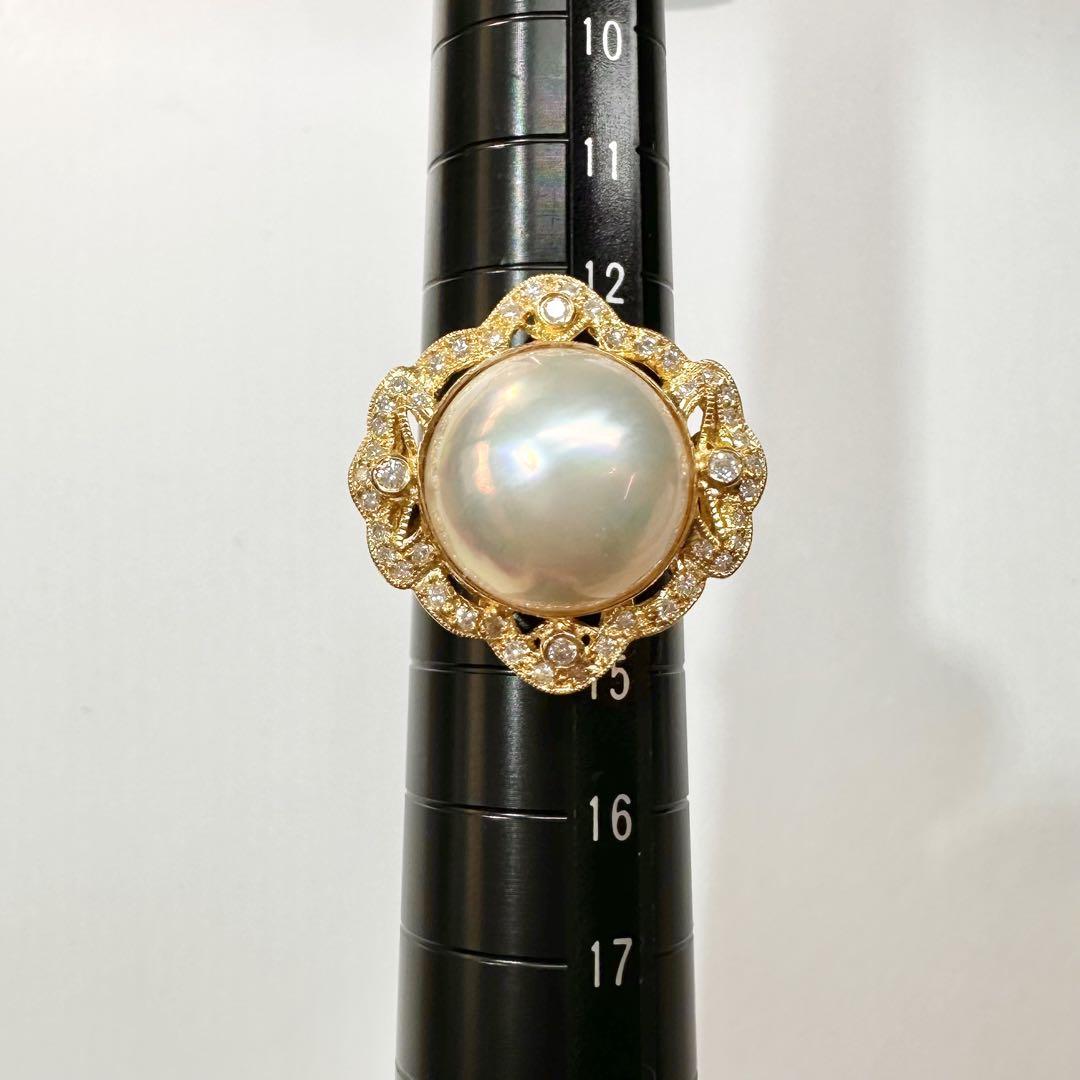 【K18】マベパール 14.1mm ダイヤモンド リング