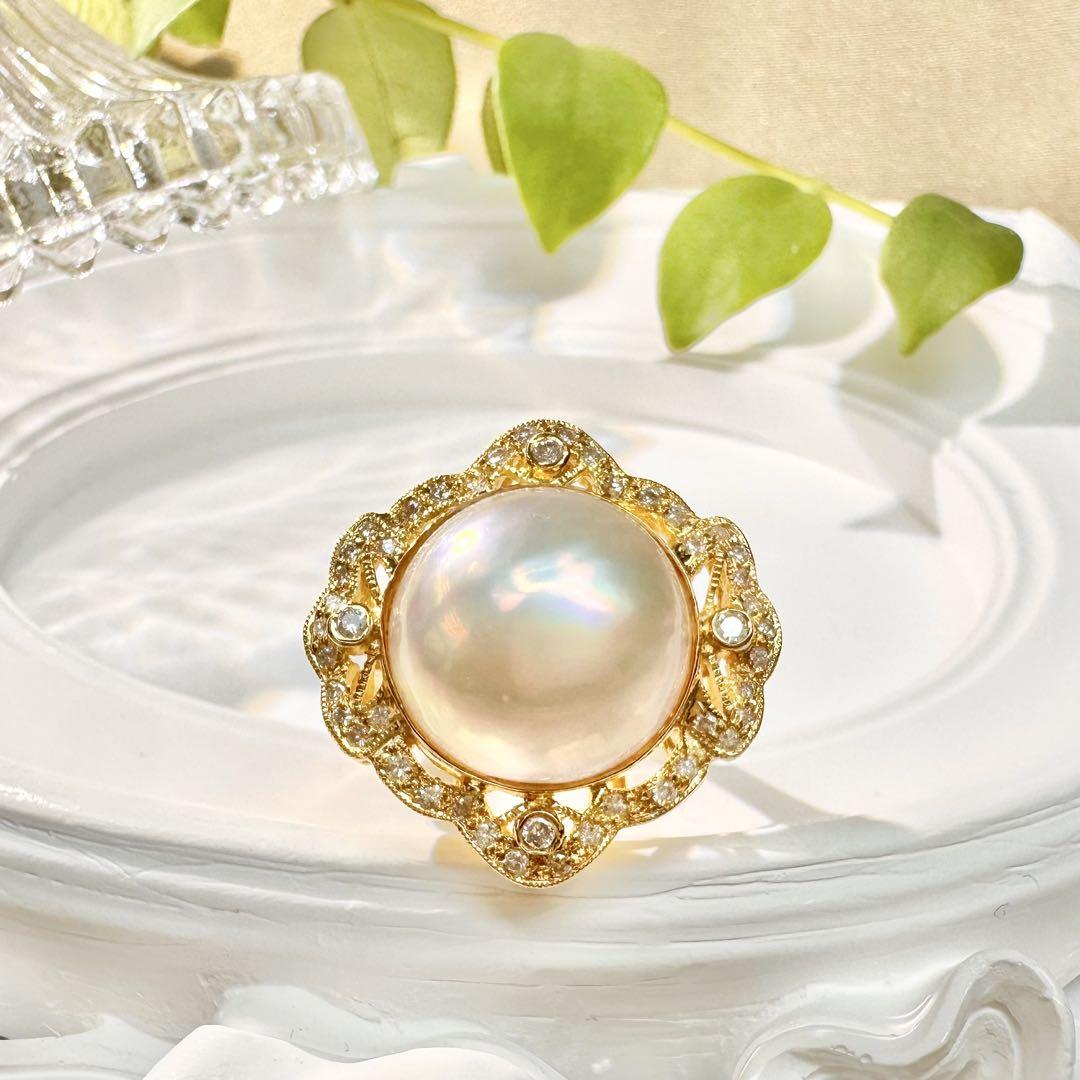 【K18】マベパール 14.1mm ダイヤモンド リング