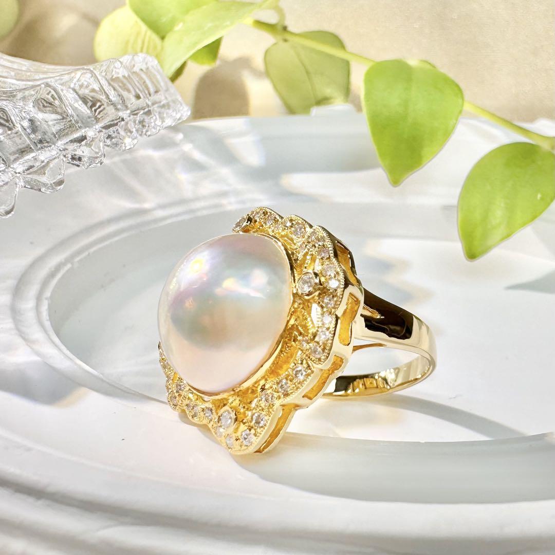 【K18】マベパール 14.1mm ダイヤモンド リング