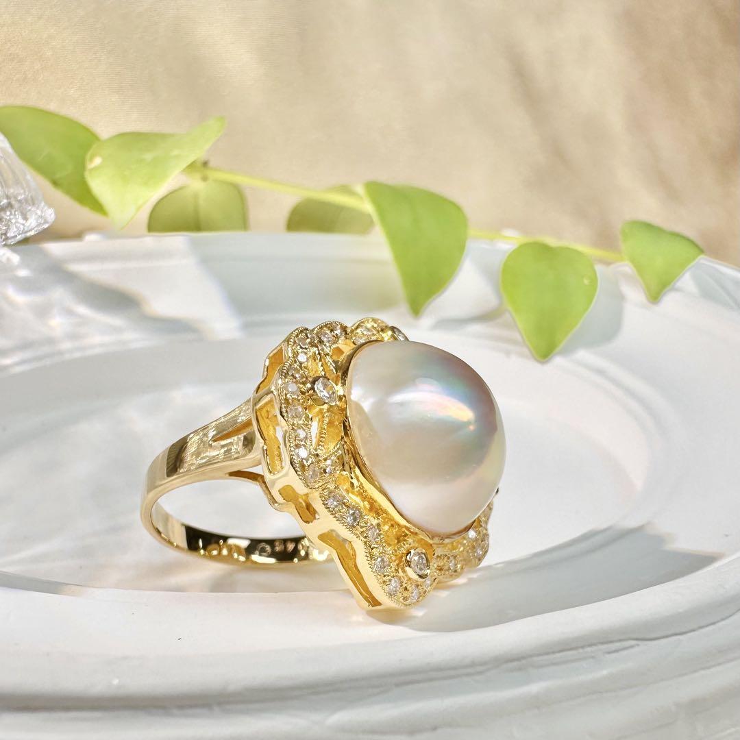 【K18】マベパール 14.1mm ダイヤモンド リング