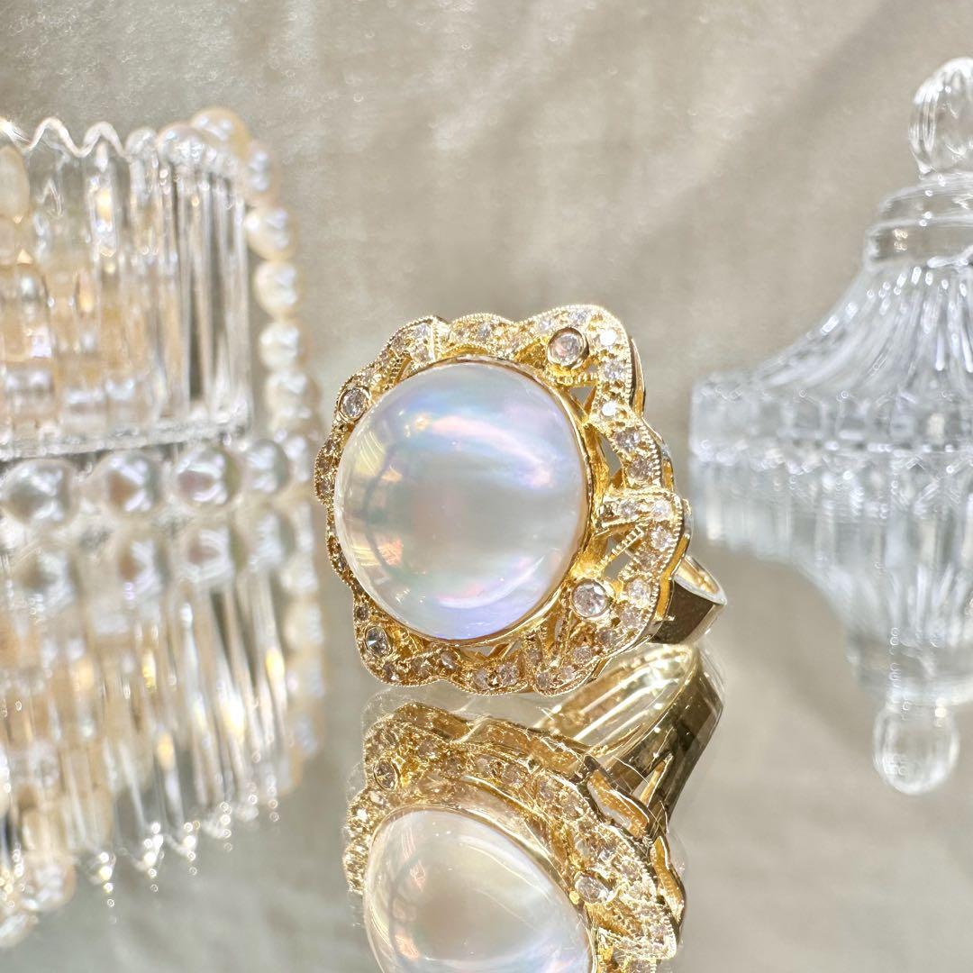 【K18】マベパール 14.1mm ダイヤモンド リング