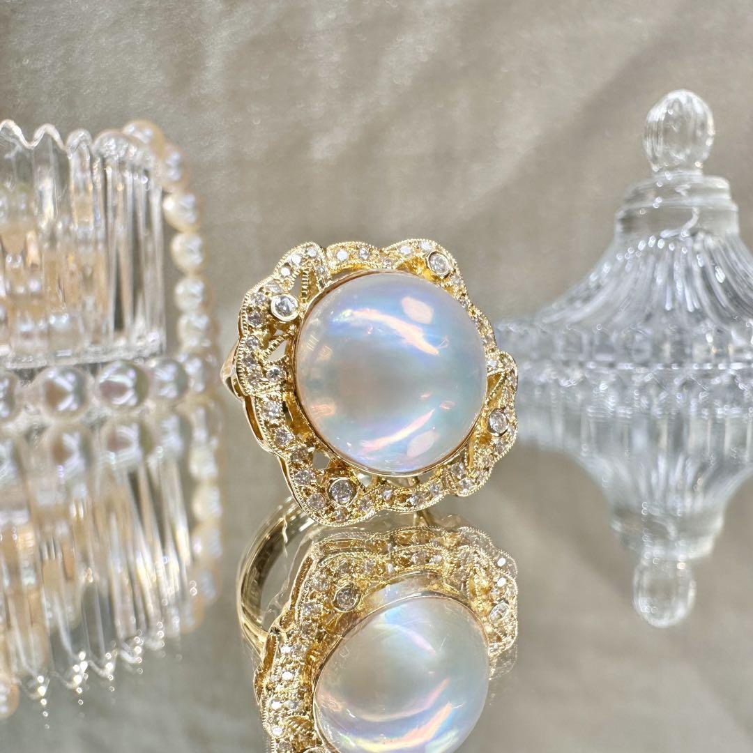 【K18】マベパール 14.1mm ダイヤモンド リング