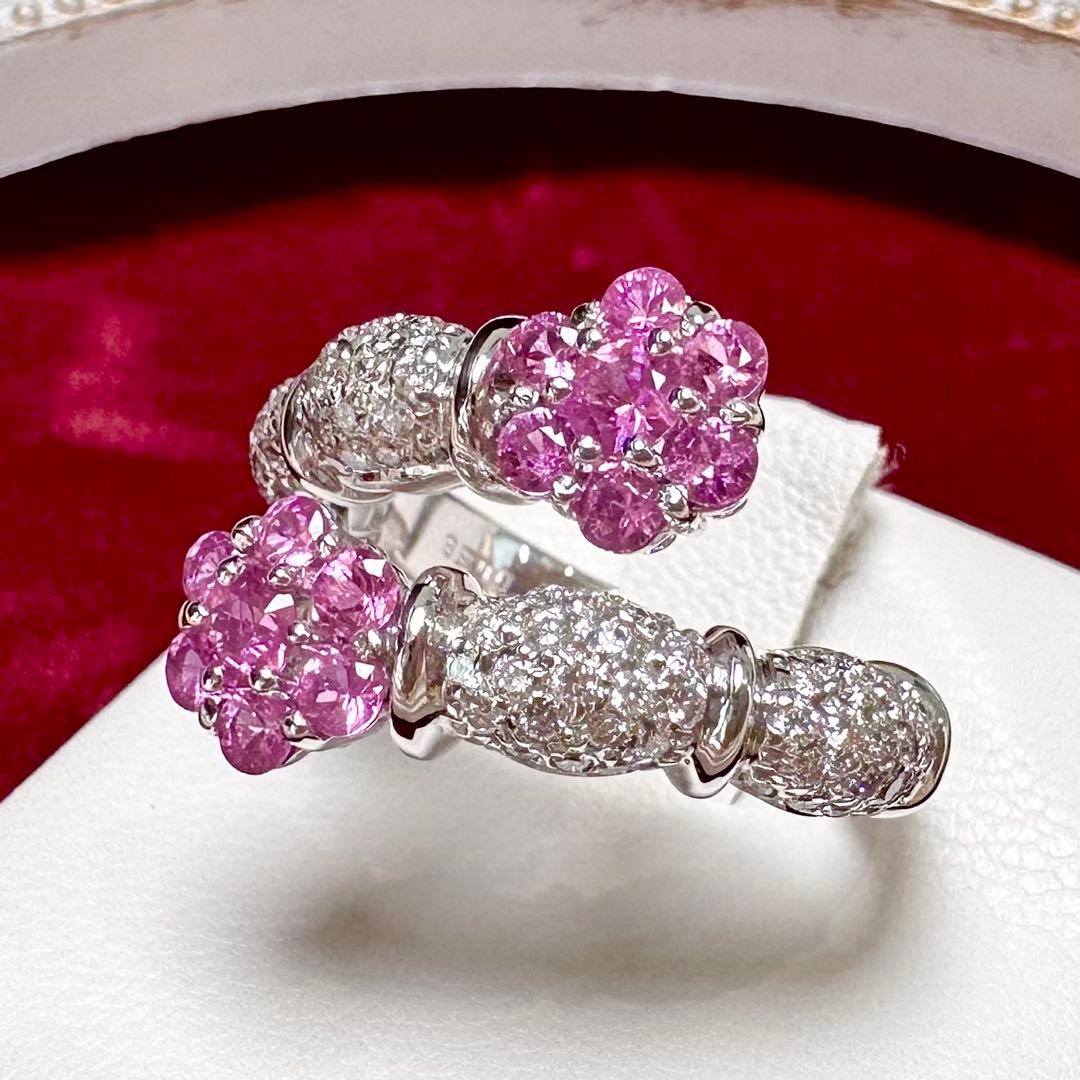 PT900 ピンクサファイア1.11ct ダイヤモンド フラワー リング