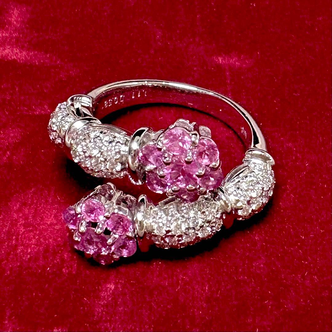 PT900 ピンクサファイア1.11ct ダイヤモンド フラワー リング