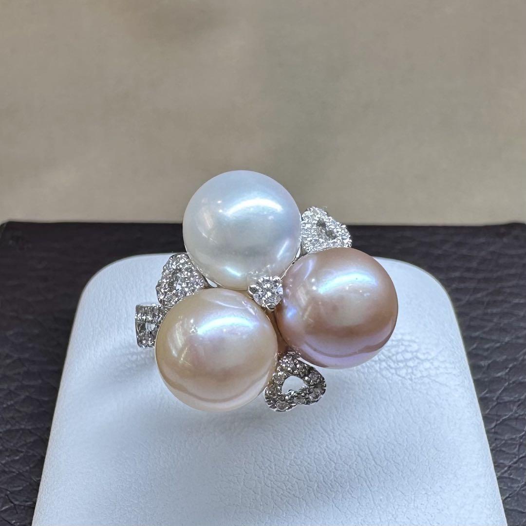 【K18WG】真珠 パール 8.3mm ダイヤモンドリング 上品デザイン 3粒