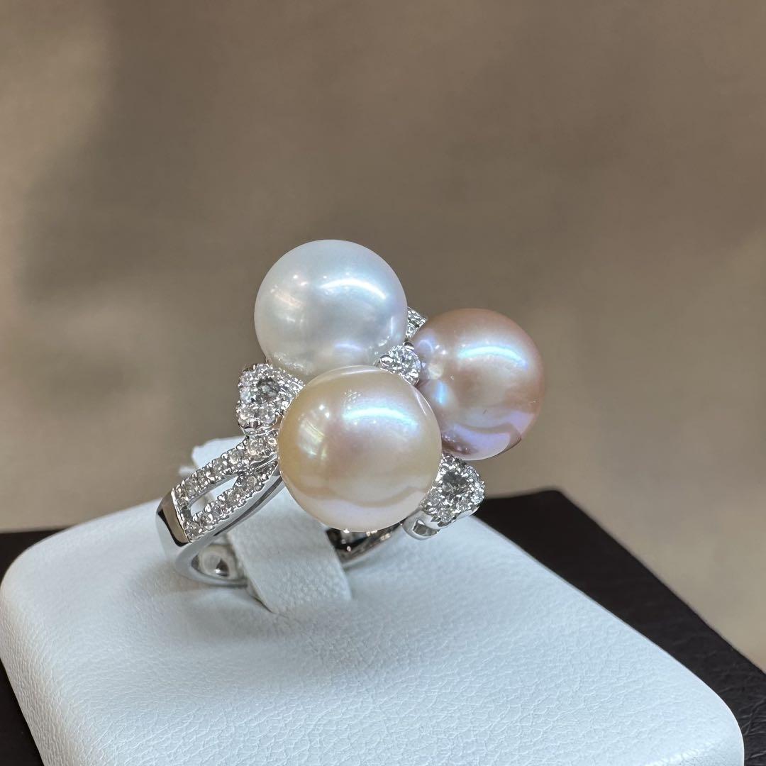 【K18WG】真珠 パール 8.3mm ダイヤモンドリング 上品デザイン 3粒