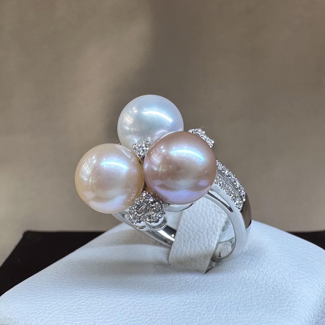 【K18WG】真珠 パール 8.3mm ダイヤモンドリング 上品デザイン 3粒