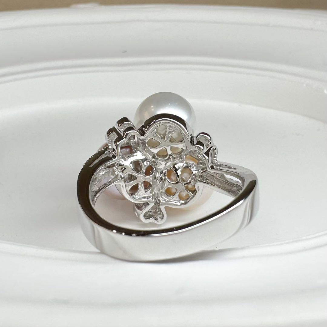 【K18WG】真珠 パール 8.3mm ダイヤモンドリング 上品デザイン 3粒