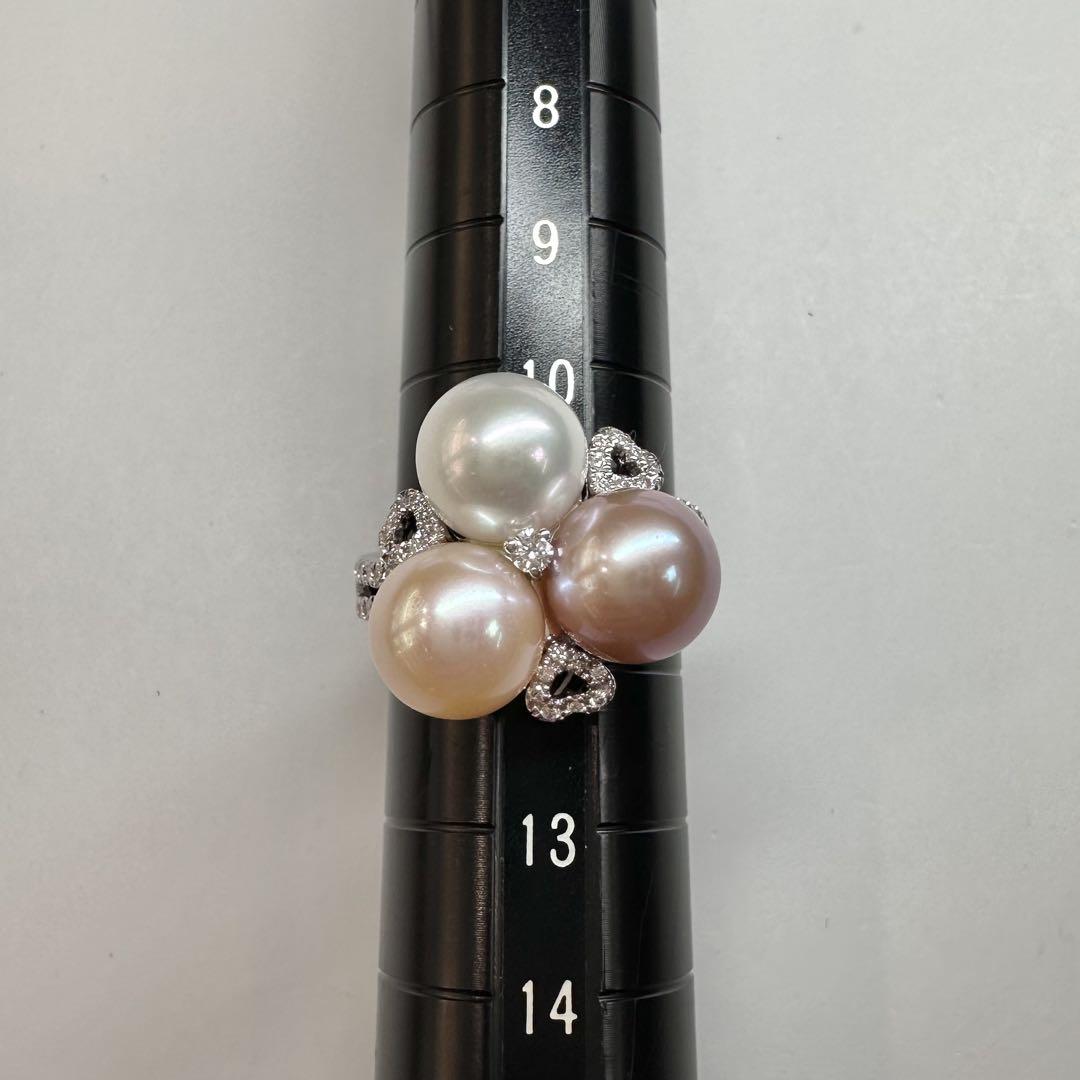 【K18WG】真珠 パール 8.3mm ダイヤモンドリング 上品デザイン 3粒