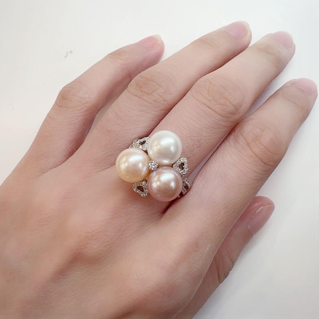【K18WG】真珠 パール 8.3mm ダイヤモンドリング 上品デザイン 3粒