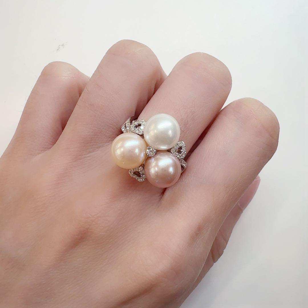 【K18WG】真珠 パール 8.3mm ダイヤモンドリング 上品デザイン 3粒