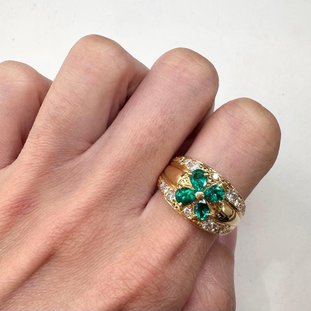 K18 エメラルド 0.82ct ダイヤモンド クローバーリング