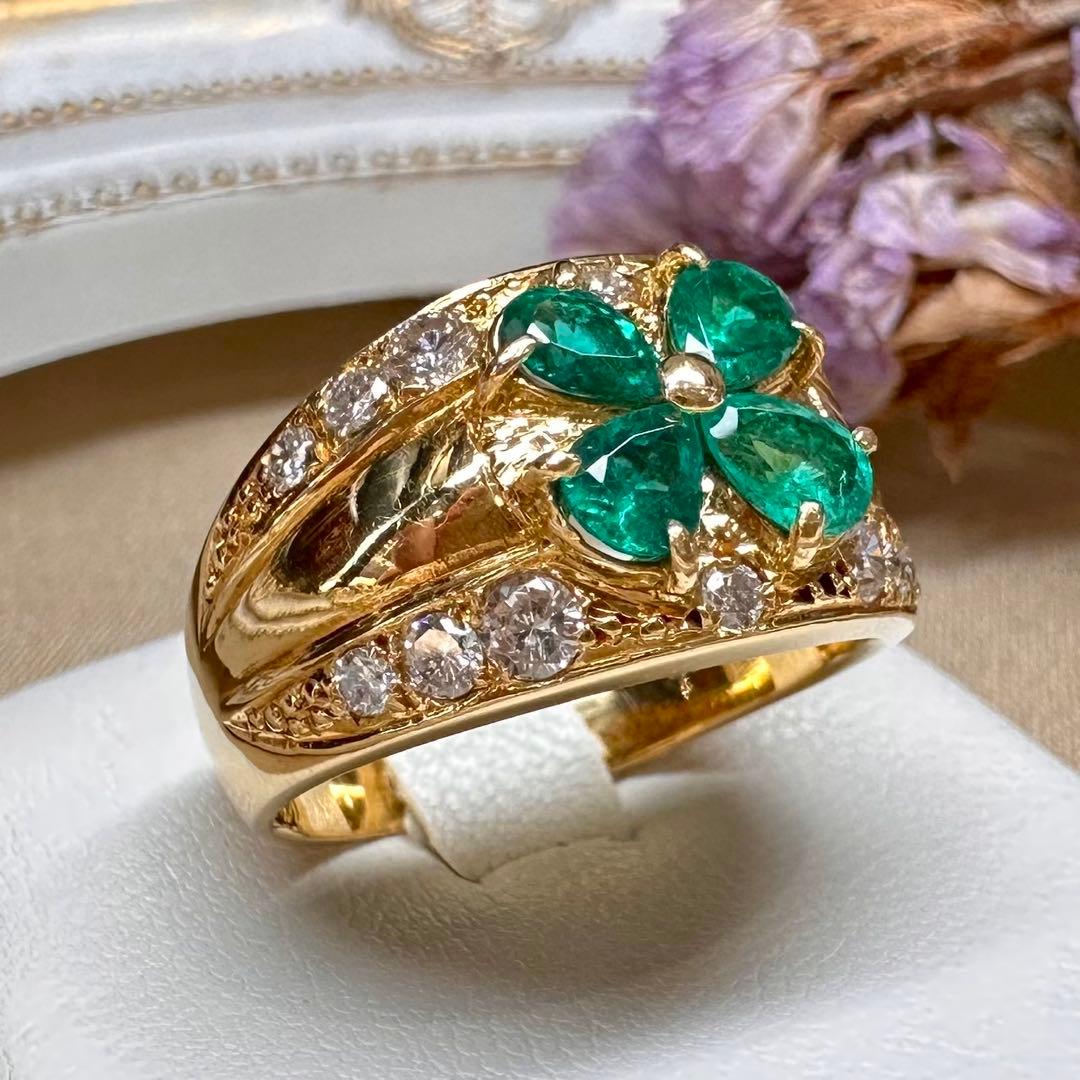K18 エメラルド 0.82ct ダイヤモンド クローバーリング