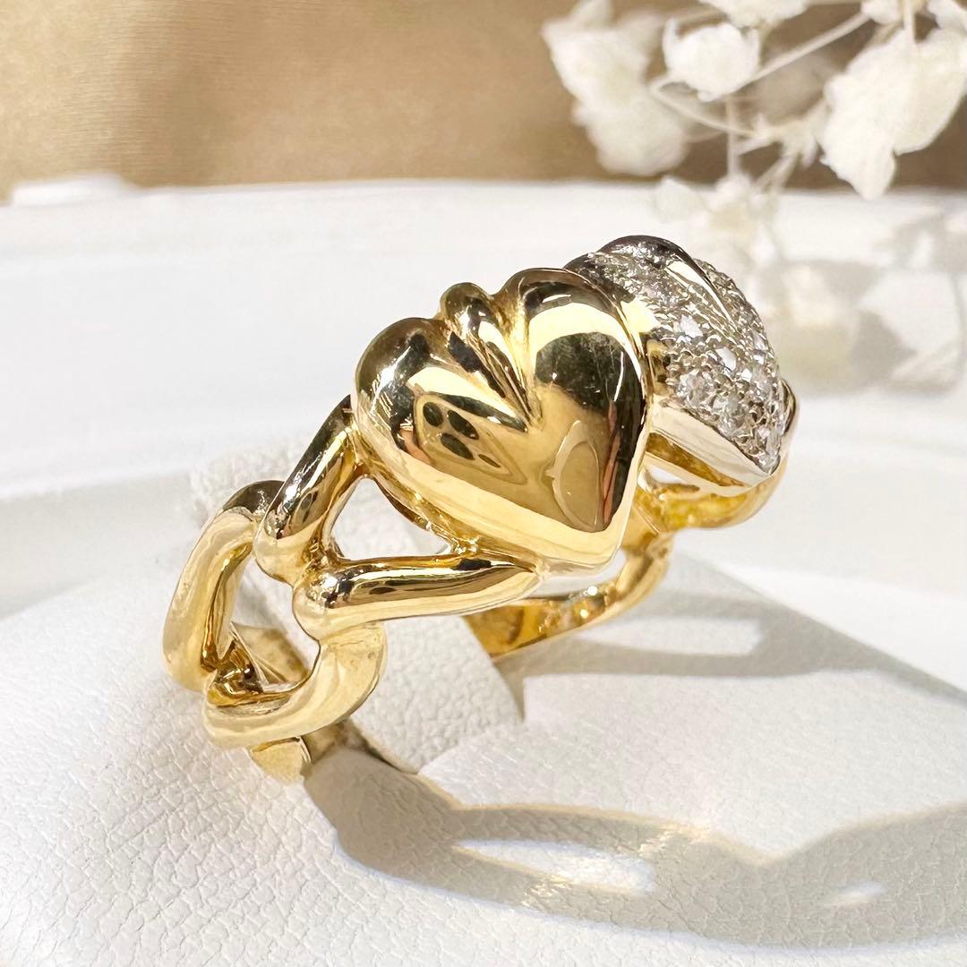 【K18】ダイヤモンド 0.16ct ハート立体デザイン リング