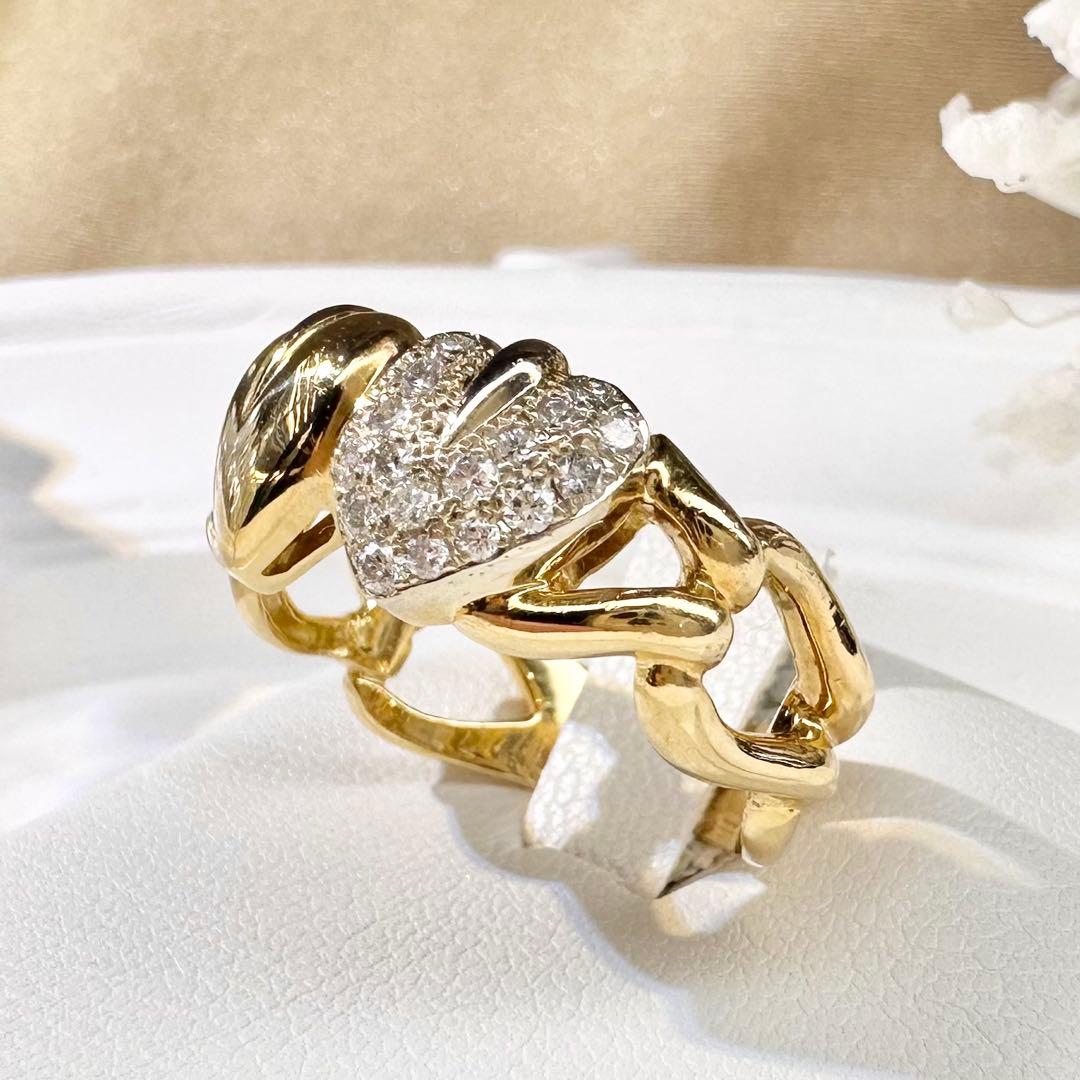 【K18】ダイヤモンド 0.16ct ハート立体デザイン リング