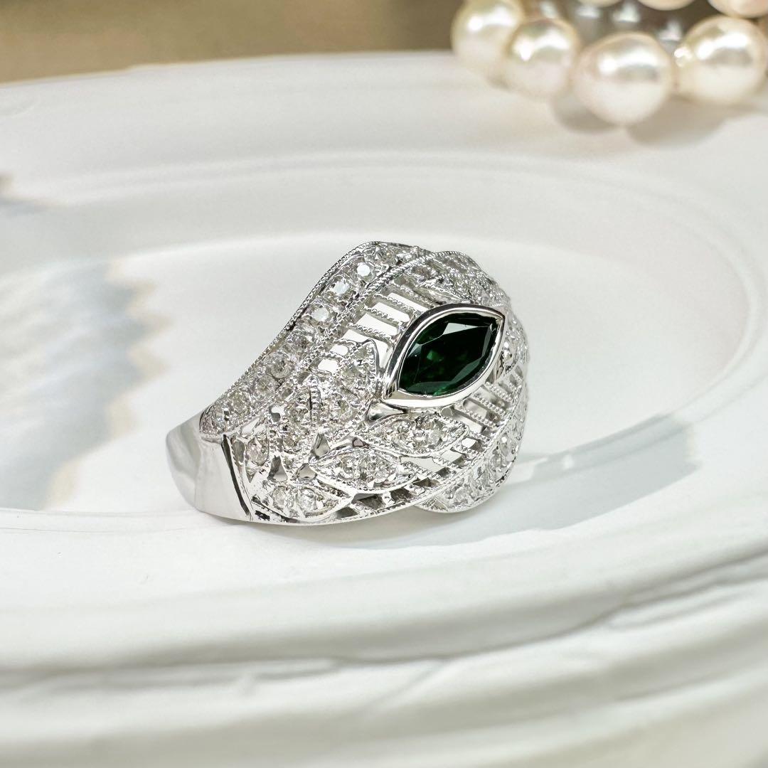 【K18WG】エメラルド 0.36ct リング マーキスカット ダイヤ