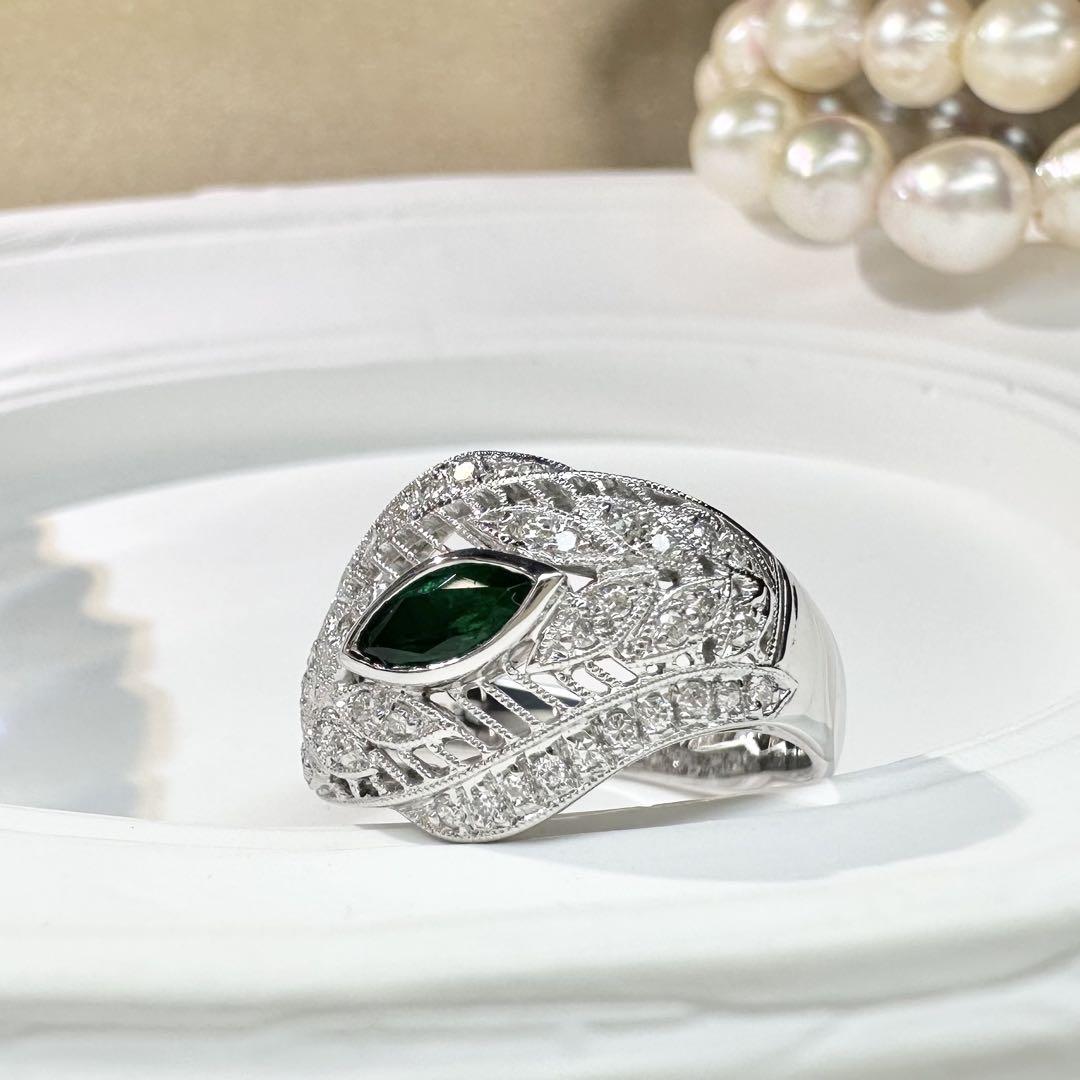 【K18WG】エメラルド 0.36ct リング マーキスカット ダイヤ