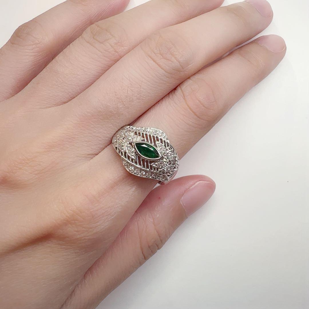 【K18WG】エメラルド 0.36ct リング マーキスカット ダイヤ