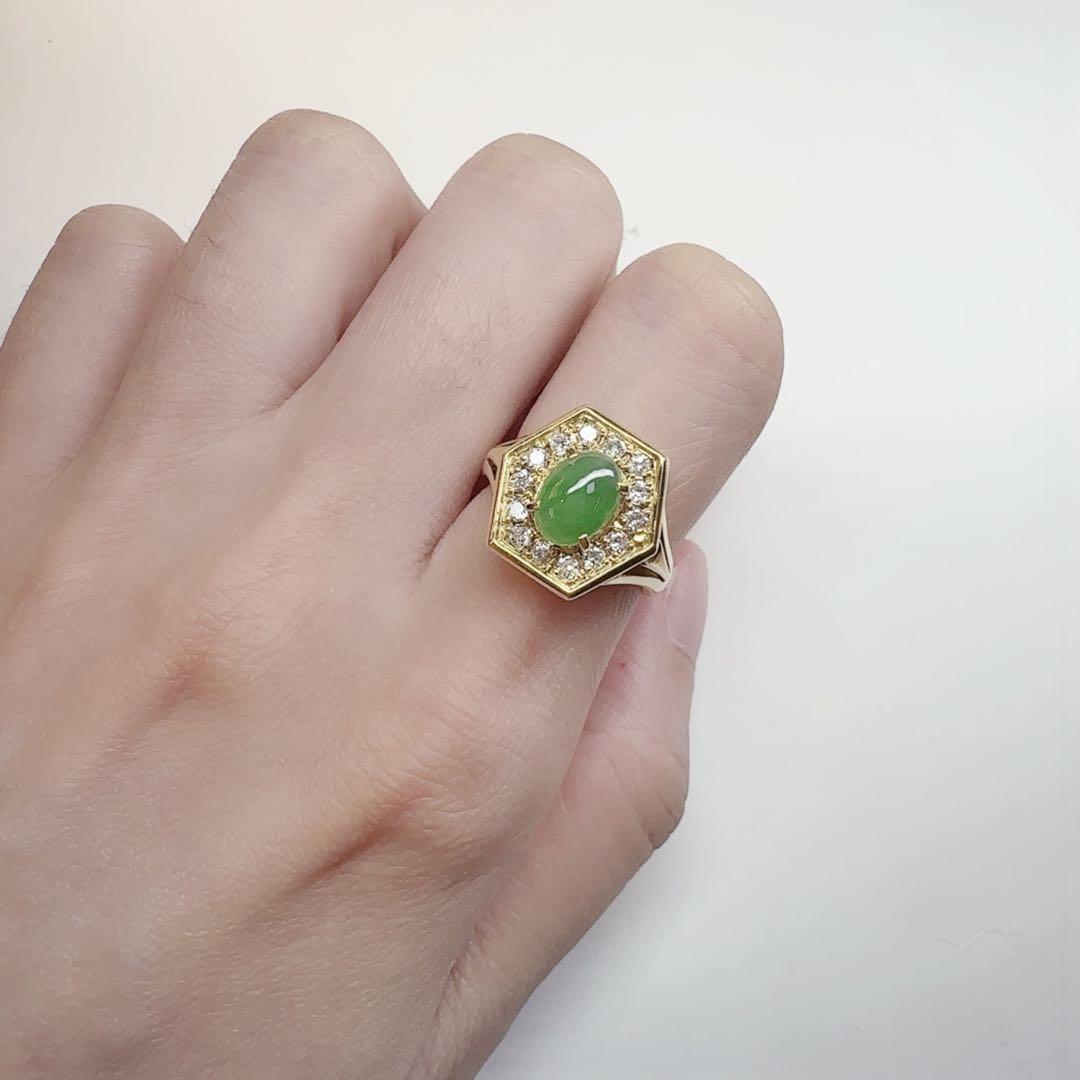 【K18】ジェイド 8*6mm ダイヤ巻き デザイン リング 翡翠