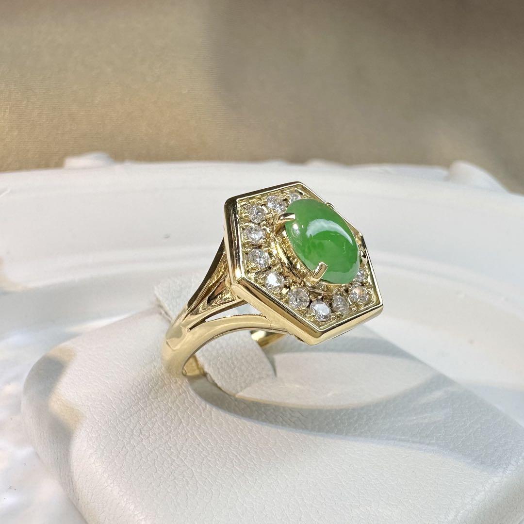 【K18】ジェイド 8*6mm ダイヤ巻き デザイン リング 翡翠