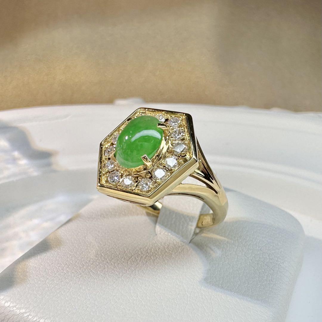 【K18】ジェイド 8*6mm ダイヤ巻き デザイン リング 翡翠