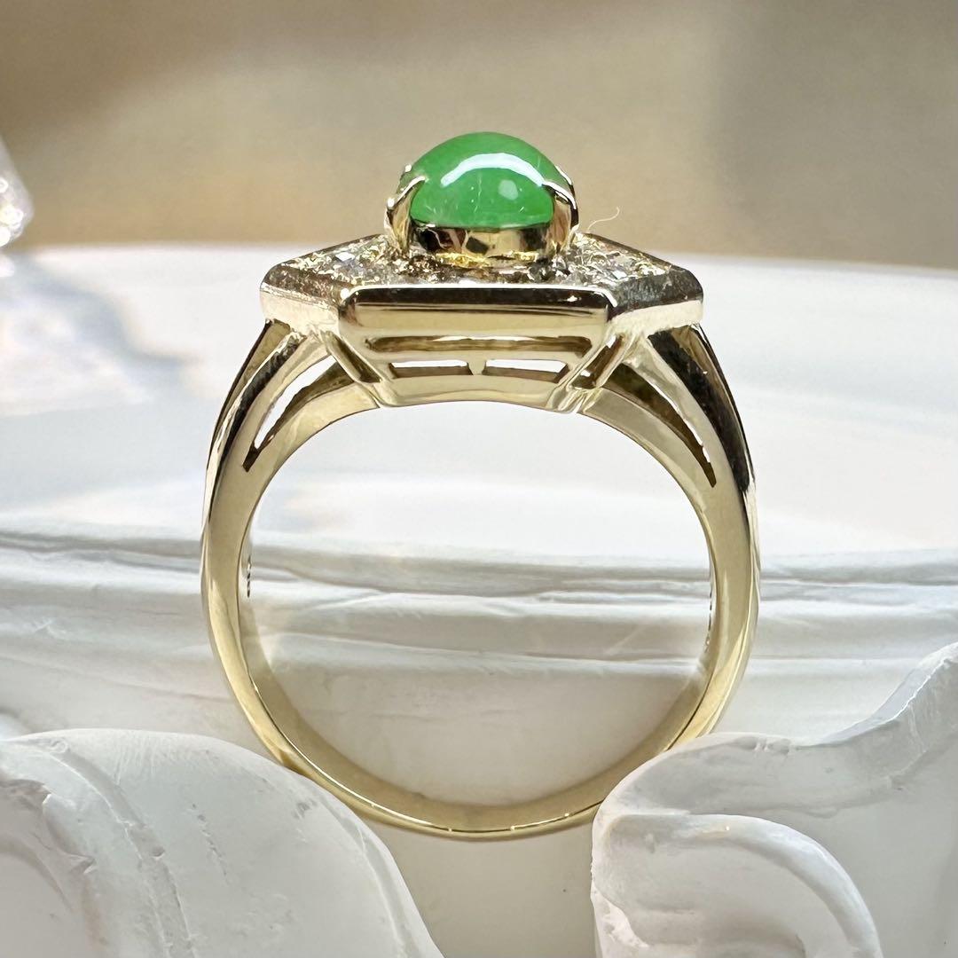 【K18】ジェイド 8*6mm ダイヤ巻き デザイン リング 翡翠