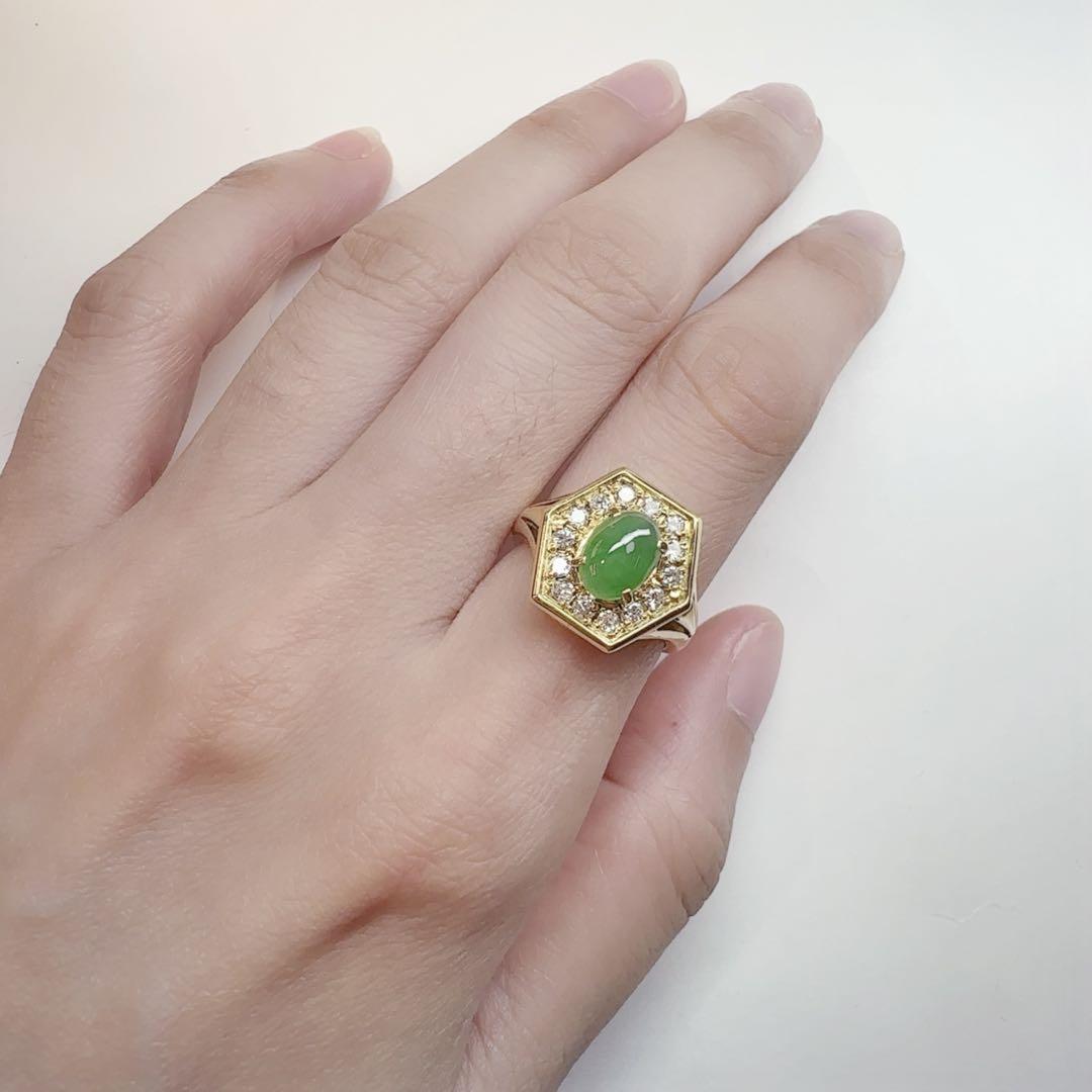 【K18】ジェイド 8*6mm ダイヤ巻き デザイン リング 翡翠