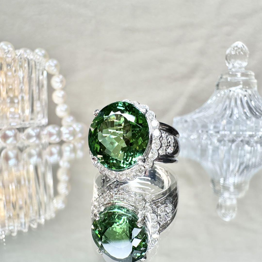 【美品】PT900 グリーントルマリン 7.69ctリング ダイヤ巻き