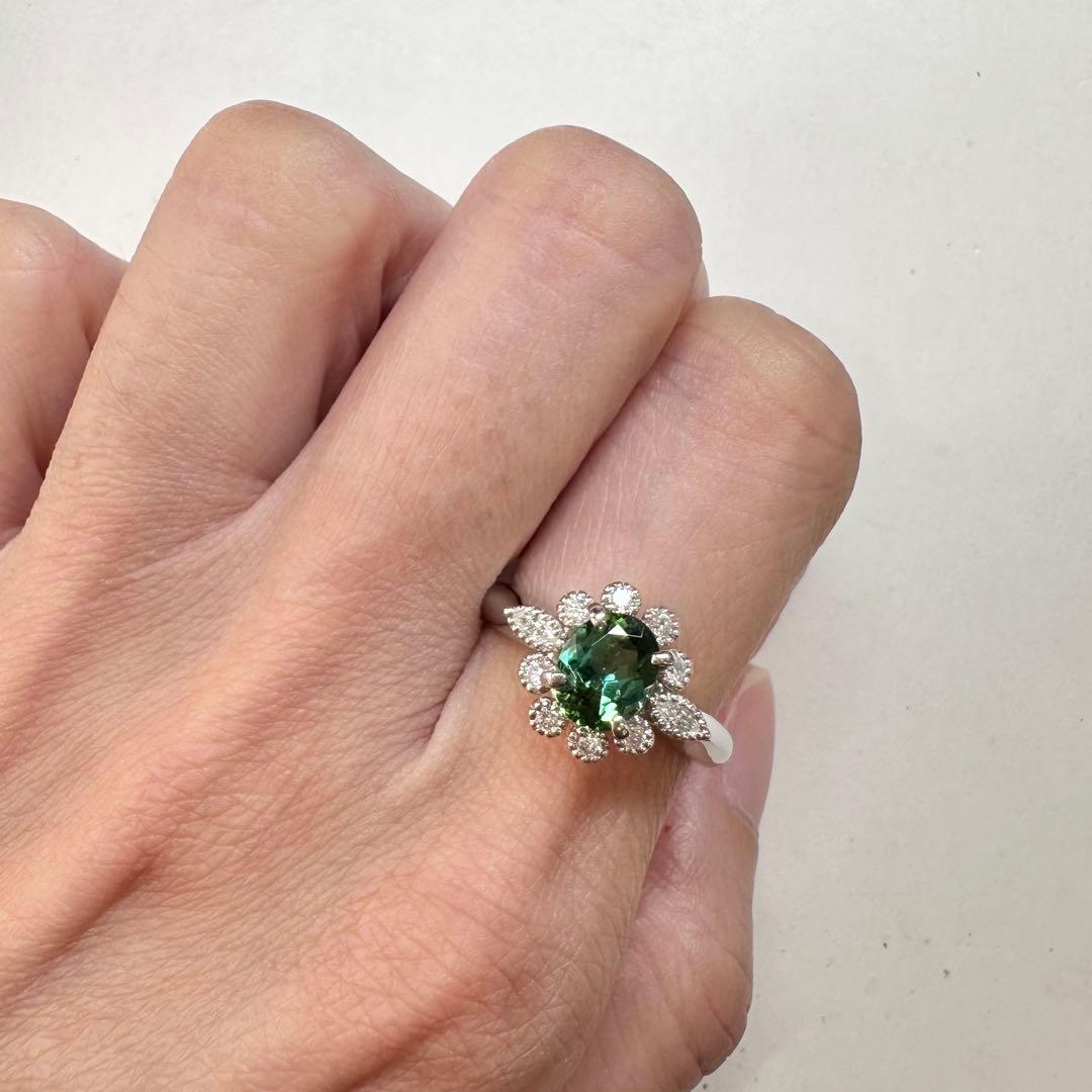 PT900 グリーントルマリン 1.05ct ダイヤモンド リング 花