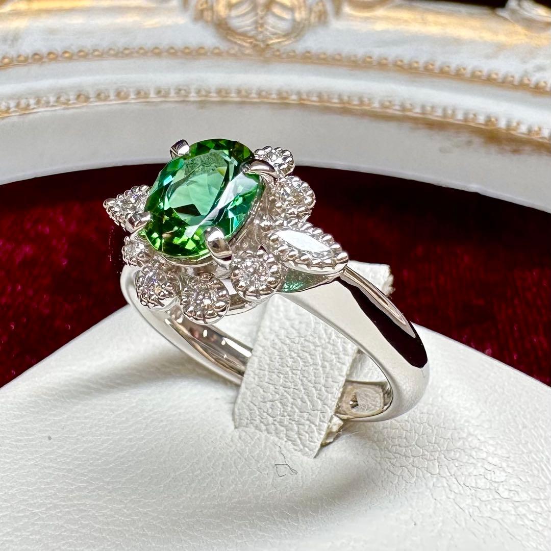 PT900 グリーントルマリン 1.05ct ダイヤモンド リング 花